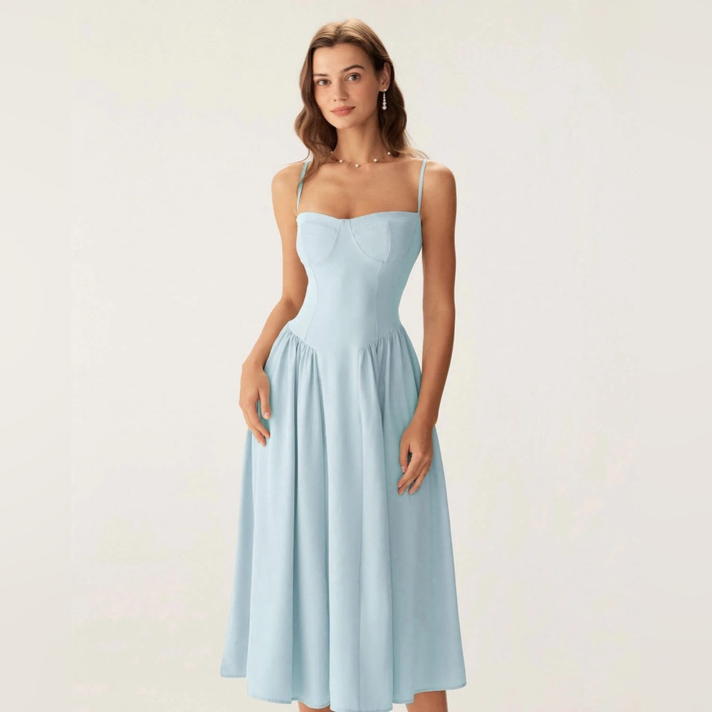 Rihoas Blue Square Neck Pocket Slip Midi Dress